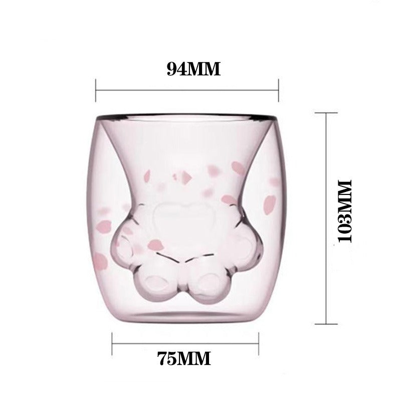 Cartoon Kitten Paws Hearh Print Cute Shape Double Glass Coffee Mug Cup
